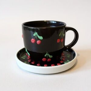 Cherry Design Black Coffee Cup and Saucer Set